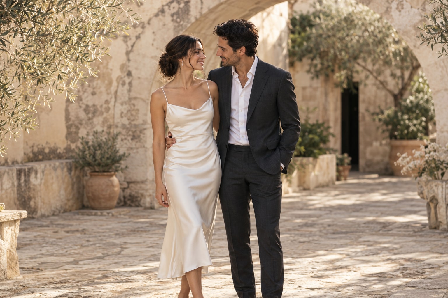 Pareja ficticia en un patio de piedra