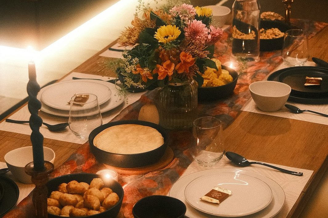 Mesa puesta con vajilla, flores de colores y velas.