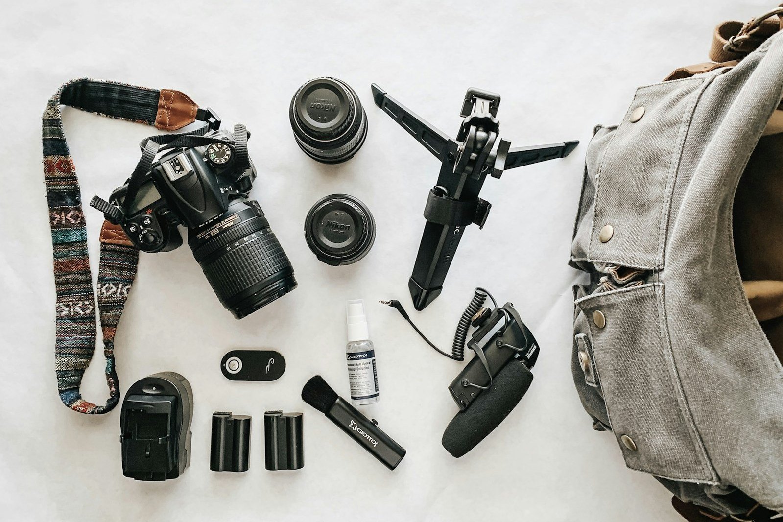 Cámara, objetivos, bolsa y accesorios de fotografía sobre una mesa.