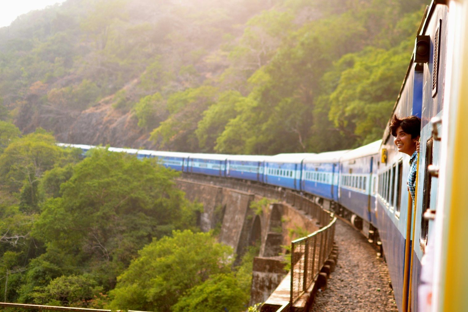 Un tren azul recorre un puente entre árboles iluminados por el sol.